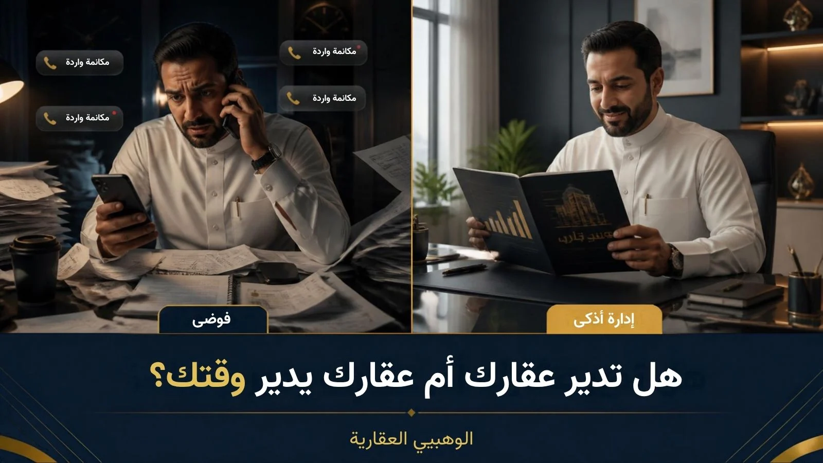 مالك عقار يراجع عقد إيجار وتقرير صيانة لتجنب أخطاء إدارة العقارات